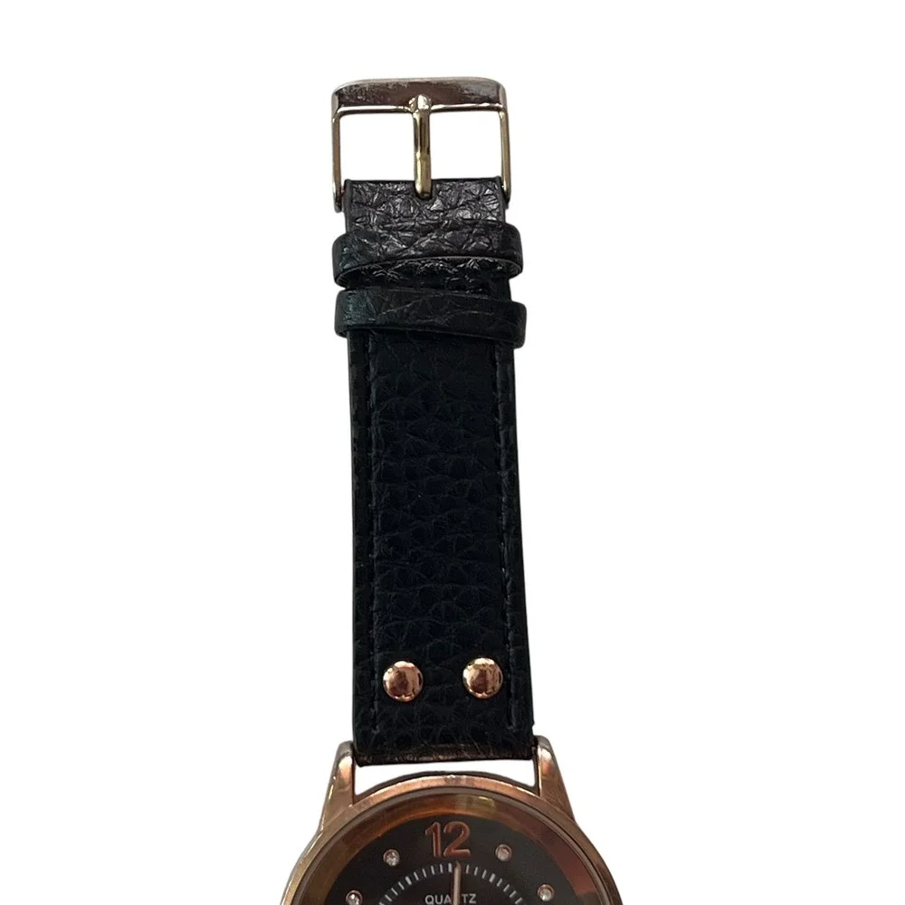 Quartz Watch Rhinestone Accent Markers Black Band Rose Gold Tone‎ Bezel